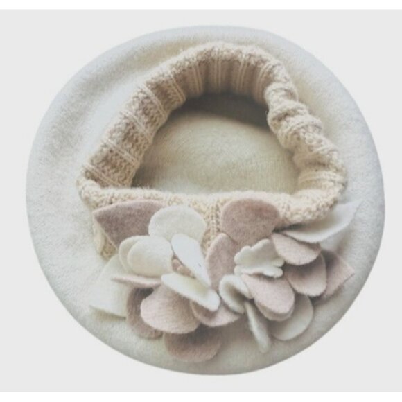 Women Wool Flower French Artist Beret Hat Beige &Tan with Felt Flower Design - Picture 3 of 6